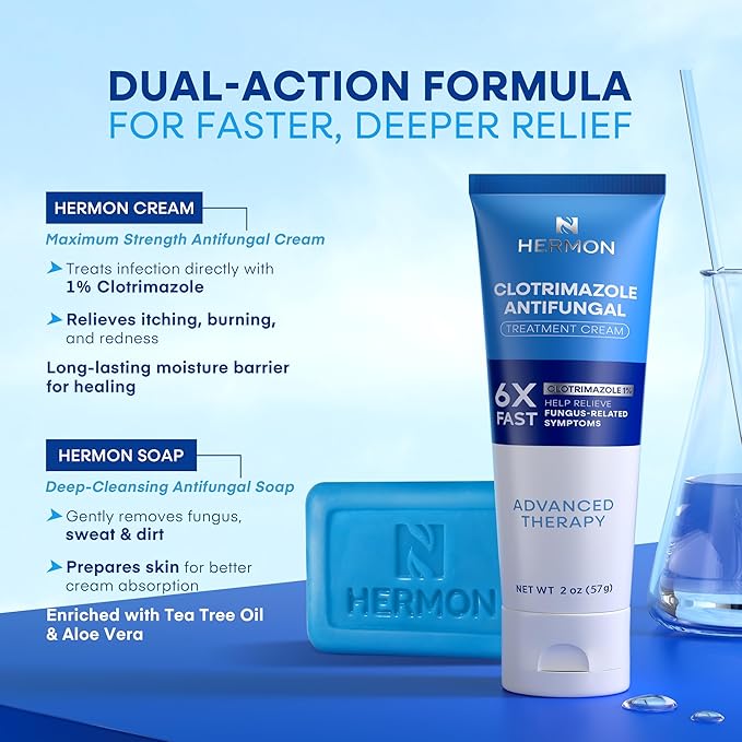 Hermon Clotrimazole Antifungal Treatment Cream & Soap Kit: Antifungal Cream for Athletes Foot, Jock Itch, Ringworm with Anti Fungal Soap - Relieves Itching Burning Cracking - 57g Tube / 113g Bar