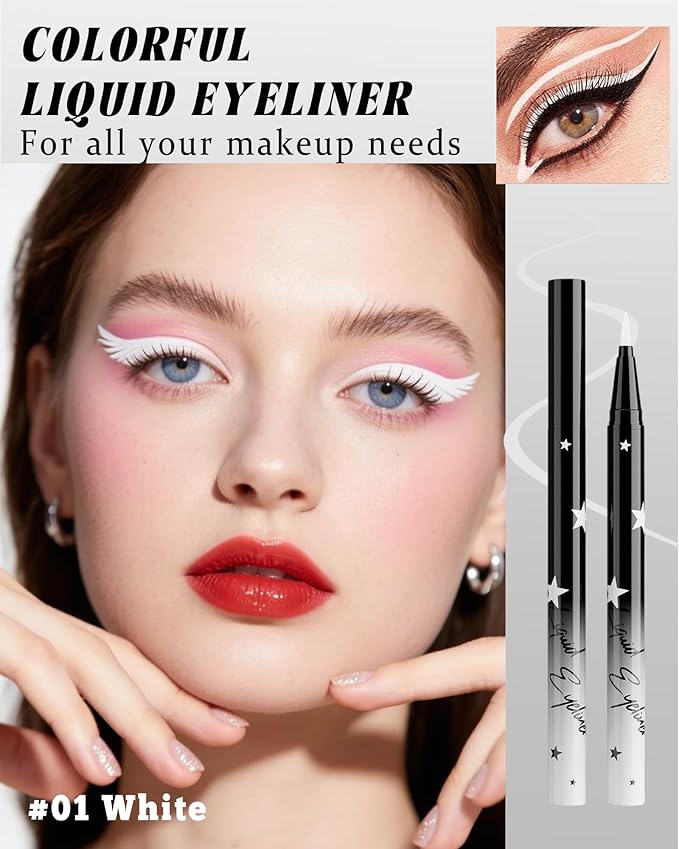 Colored Liquid Eyeliner Pen, White Waterproof Waterline Matte Eye Liner Pencil, High Pigmented Long Lasting Quick Drying Bright Colorful Eyeliner Pen for Women, Valentine’s Day Eye Makeup Gifts-01