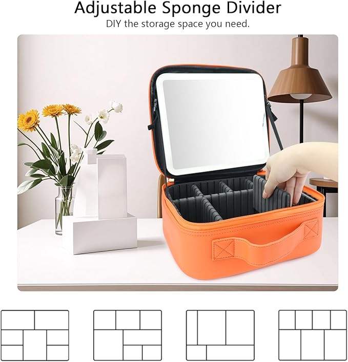 SLUMAZI Travel Makeup Bag with LED Mirror Travel Makeup Organizer with 3 Lighted Settings, Adjustable Dividers and Makeup Brush Storage Bag Orange