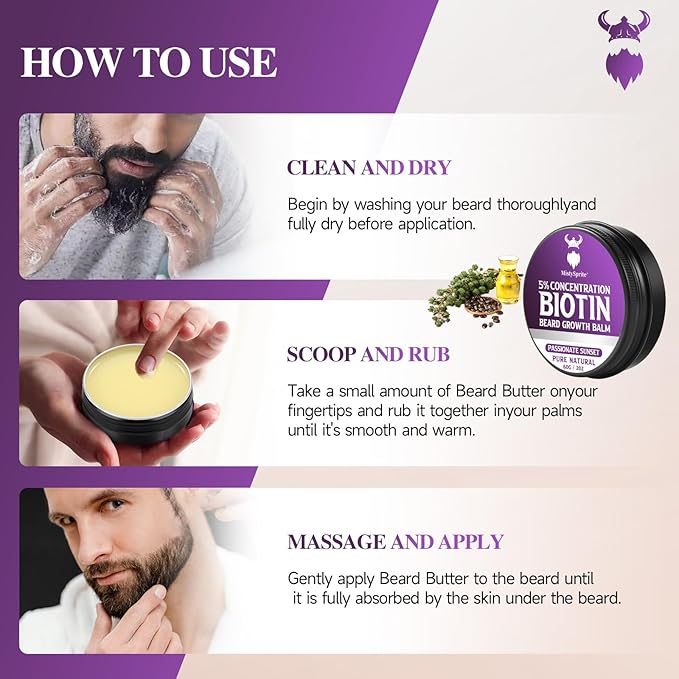 Beard Balm，5% Concentration Biotin Beard Balm for Men (2 oz) - Natural Mens Beard Oil with Castor Oil，Argan Oil, Jojoba Oil and Vitamin,Thickening for Beard，Beard Growth Softener