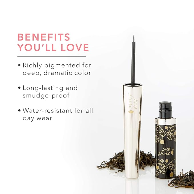 100% PURE Long Last Liquid Eye Liner - Natural, Water-Resistant & Smudge-Proof Easy to Apply Vegan Eye Makeup for All Skin Types - Fruit Pigmented Color Black Tea (Dark Black) - 0.23 Fl oz