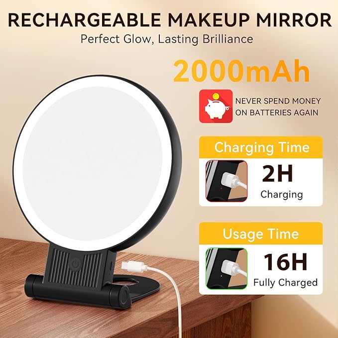 1X/30X Magnifying Mirror with Light, Double Sided Makeup Mirror with Adjustable 3 Color Light, 2000mAh Rechargeable Lighted Magnifying Mirrors with Tweezer, Foldable Travel Mirror with Rotation