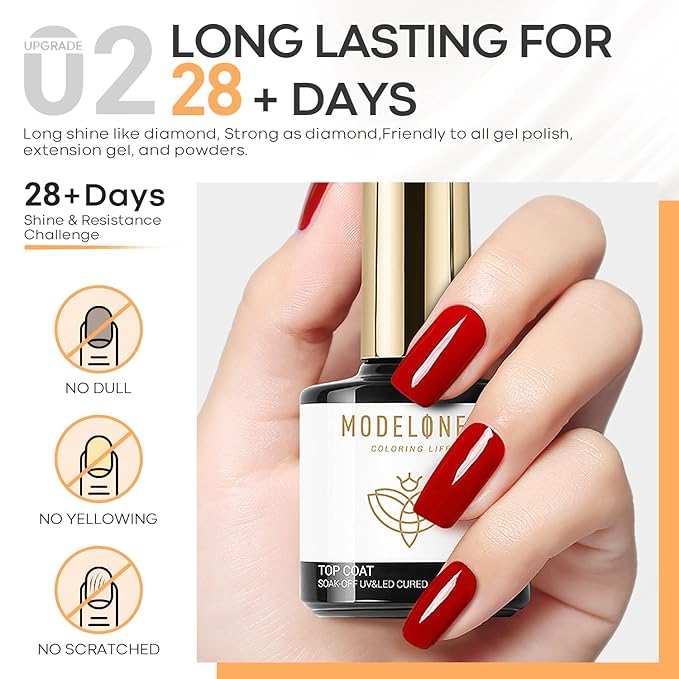 modelones Gel Nail Polish Top Base Coat, 2 PCS Clear High Glossy Long Lasting Soak Off Home Salon DIY Manicure Gift for Women