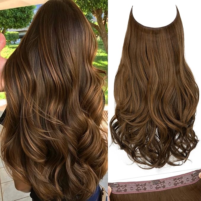 SARLA Invisible Wire Hair Extensions with 3 Clips Long Wavy Curly Synthetic Hairpiece for Women Adjustable Transparent Headband 16 Inch Chocolate