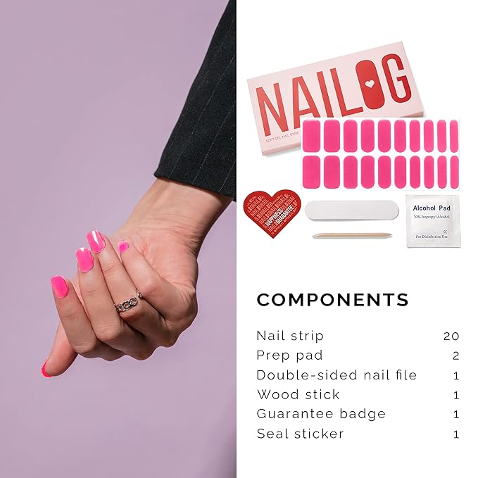 NAILOG Semi Cured Gel Nail Strips│20pcs Extra Long Nail Polish Strips│Nail Stickers with Glossy Gel Finishing│Pink Bomb