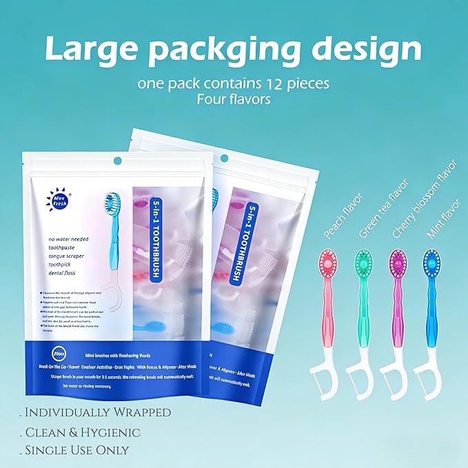 Disposable Travel Toothbrushes with Toothpaste, Individually Wrapped Mini Single Use Toothbrushes, No Water Needed Toothbrushes with Tongue Scraper for Travel, Hotel, Camping (12Packs)