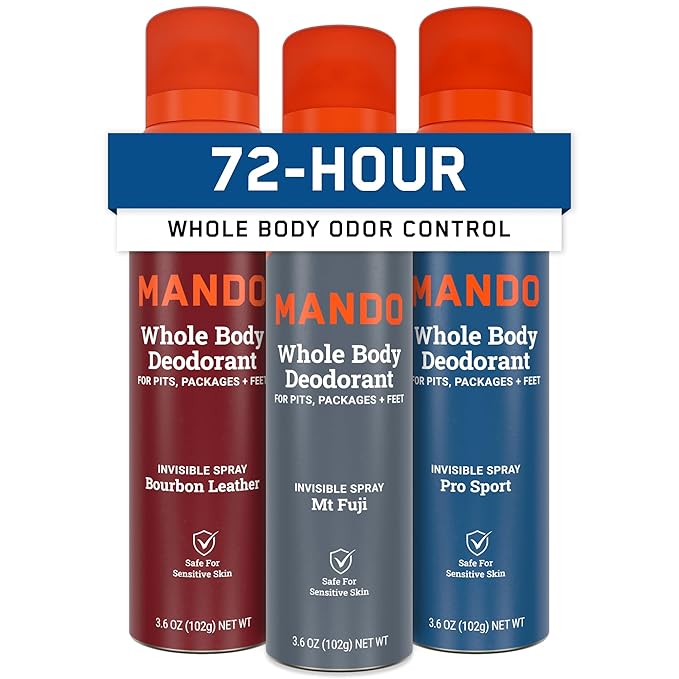 Mando Whole Body Deodorant For Men - Invisible Spray Deodorant - 72 Hour Odor Control - Low Irritation Formula - Aluminum Free, Benzene Free - 3.6 ounce - 3pk - Bourbon Leather, Mt Fuji, Pro Sport