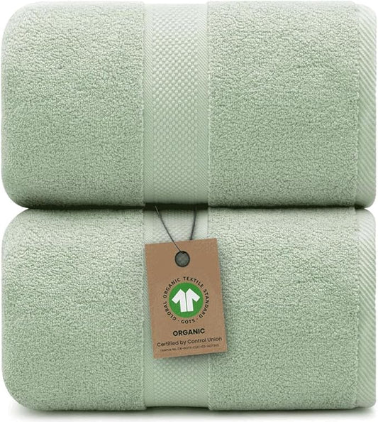 Alusa Home 100% Organic Luxury Bath Sheets - GOTS Certified - Extra Large 35x70 Inches (Pack of 2) Zero-Twist, Long-Staple Cotton Bath Sheet Set (Eucalyptus Green)