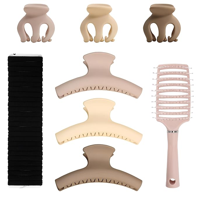 Neutral Tones Hair Accessories Set - 3 Large Hair Claw Clips, 3 Small Claw Clips, Hair Brush, 28 Hair Ties for Women | Non-Slip for Thin & Thick Hair (Nude Pink, Beige, Light Brown)