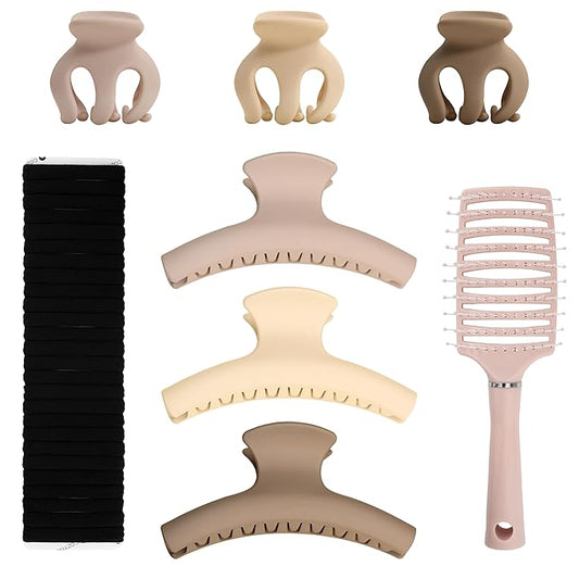 Neutral Tones Hair Accessories Set - 3 Large Hair Claw Clips, 3 Small Claw Clips, Hair Brush, 28 Hair Ties for Women | Non-Slip for Thin & Thick Hair (Nude Pink, Beige, Light Brown)