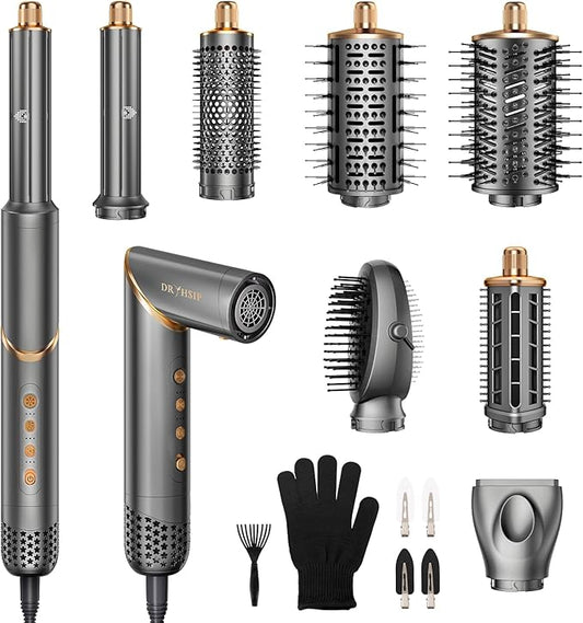 8 in 1 Hair Styler Curler & Air Dryer Brush, 110,000 RPM High-Speed Negative Ionic Foldable Hair Dryer Fast Drying, Multi Professional Hot Air Styler for Curling Volumizing Straightening Styling(Gray)