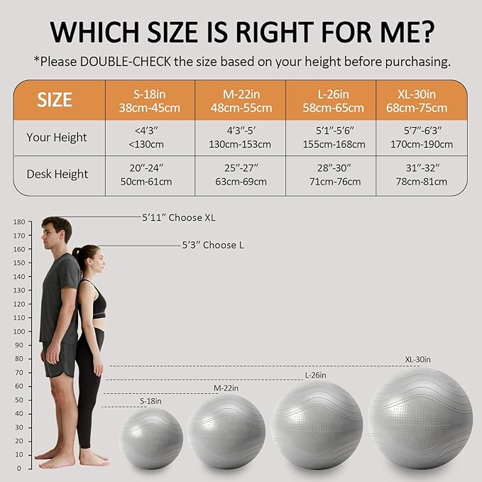 Gruper Yoga Ball, Multiple Sizes Non Slip Exercise Ball for Workout, Birthing, Balance, Stability, Pregnancy, 2200LB Capacity, Anti Burst Chair for Home and Office, Includes Quick Pump & Fitness Guide