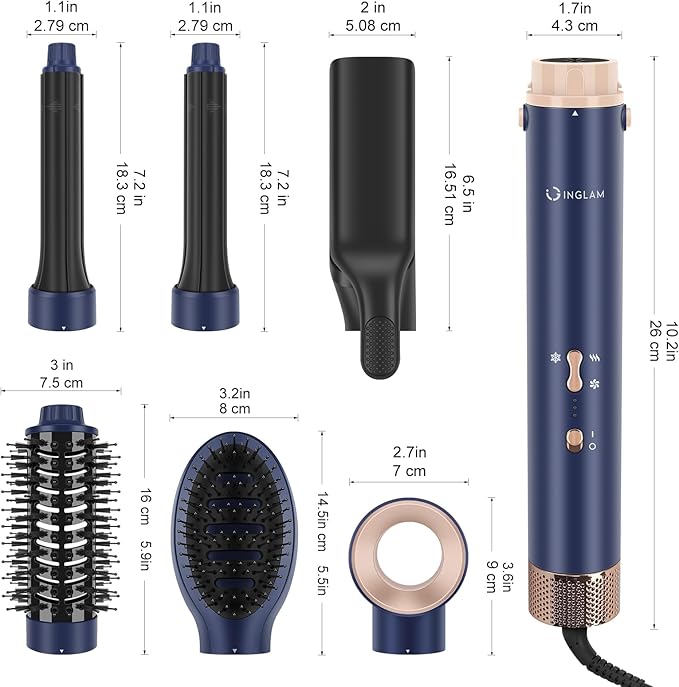 6-in-1 Hair Dryer Brush, 110,000 RPM High Speed Hair Dryer with Air Straightener, 28mm AUTO Curlers, IG INGLAM MegaAIR 2.0 Multi-Styler Set Volumizing and Shape, Prussian Blue