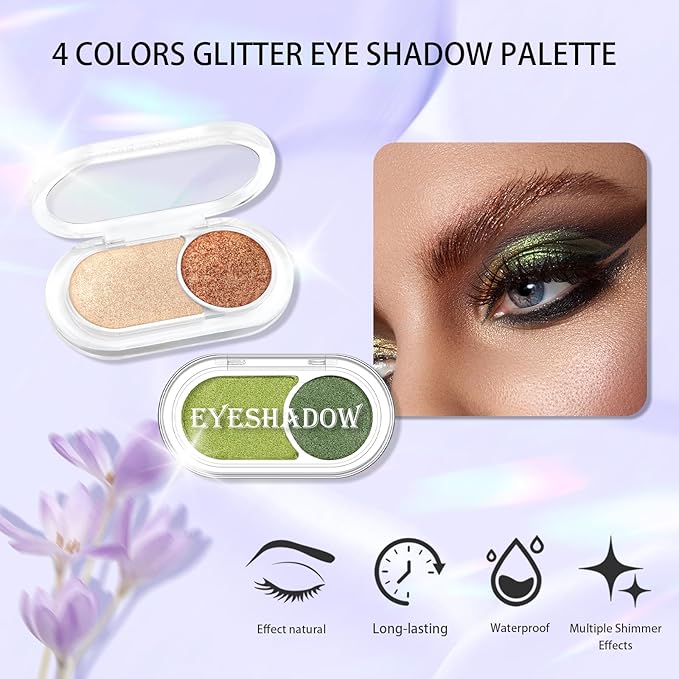 2Pcs Green Glitter Eyeshadow Palette, Brown Double Colors Sparkling Eye Shadow Palette, High Pigment Single Eyeshadow, Blendable & Smooth Eye Makeup for Women, Nude Brown & Green Glitter
