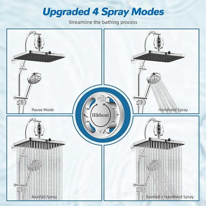 Hibbent 5-spray Dual Filtered Rainfall Shower Head Combo, High Pressure 13'' Showerhead with 10 Spray Mode Handheld, Easy Reach 4-way Diverter Shower Arm with Pause Mode, 71'' Hose and Holder, Chrome