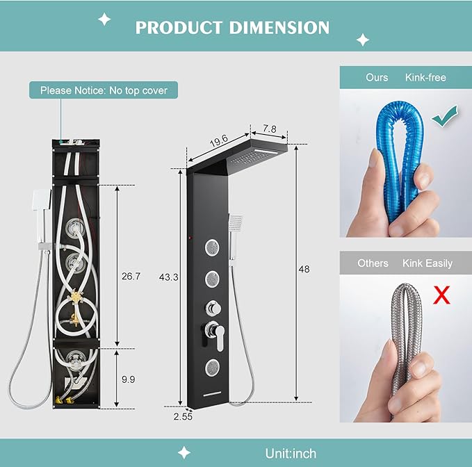 KINKIB LED Shower Panel Tower System, 6-in-1 Shower Tower with Rainfall Waterfall Shower Head, 2 Modes Powerful Body Jets, Handheld Shower and Tub Spout, Stainless Steel Shower Column, Black