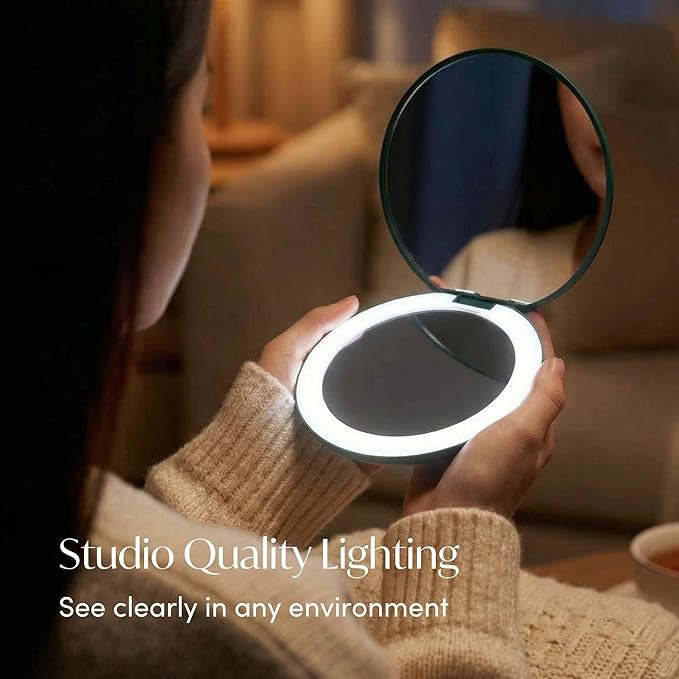 Fancii Taylor Rechargeable Travel Makeup Mirror with LED Lights, 10x /1x Magnifying, 3 Light Settings, Large 5” Wide | Compact Mirror for Purses (Emerald Envy)