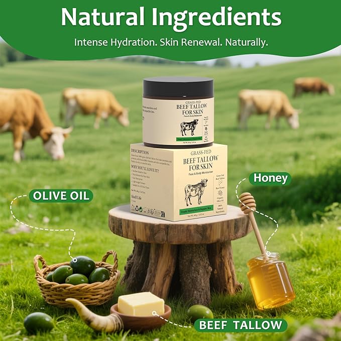 Pixellon Beef Tallow for Skin, 100% Organic Grass-Fed Beef Tallow and Honey Balm, Deep Moisturizing Facial & Body Balm, Natural Face Moisturizer for All Skin Types