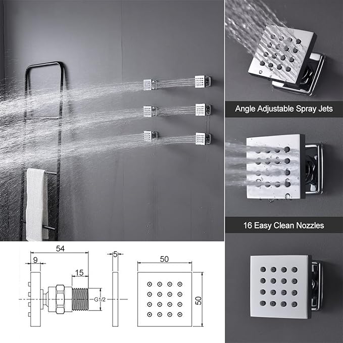 KATAIS Polished Chrome 16X24 inch Ceiling Mounted Shower Head Set(Rain&Waterfall&Mist 3 Modes), Digital Display Shower System with 6 PCS Body Jet and Handheld Spray