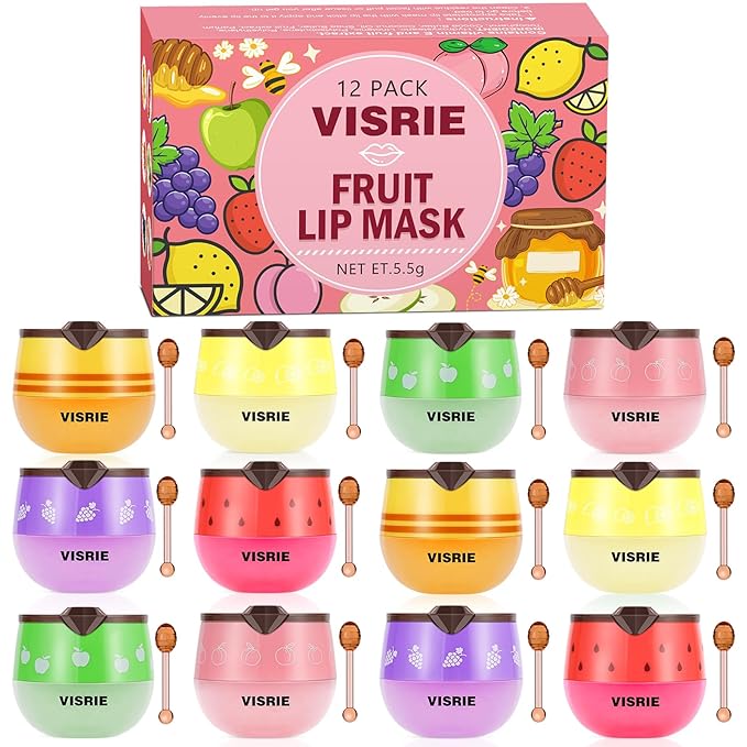 VISRIE 12 PCS Bee Lip Balm Honey Pot, Lip Mask Overnight Moisturizing Honey Balm Lip Balm with Stick, Sleeping Lip Mask for Dry Cracked Lips