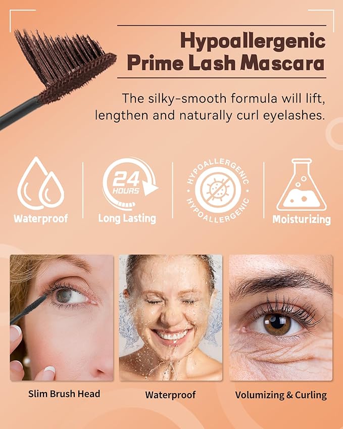 Mascara for Older Women 60 Plus, Black+Brown Mascara Volume and Length for Mature Women with Thinning Lashes, Prime Máscara Waterproof Long Lasting Volumizing,Hypoallergenic Máscara for Sensitive Eyes