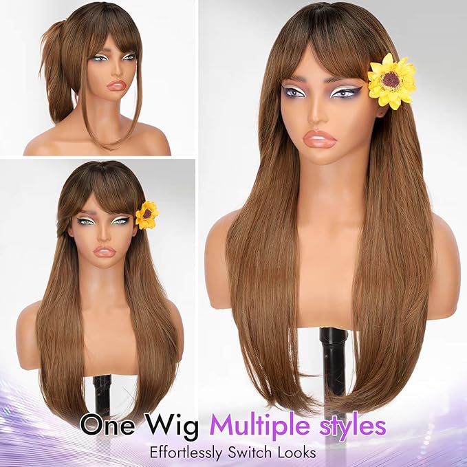 Long Light Brown Wig with Bangs for Women- Dark Root to Brown,4x4 Realistic Scalp,Free Parting,Layered Hairstyle Synthetic Heat Resistant for Daily Party Use 26 inch
