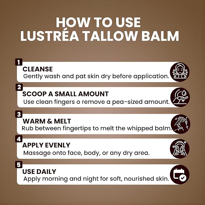 LUSTRÉA Whipped Tallow Cream for Face & Body 4oz | Grass Fed Beef Tallow Moisturizer | Face Cream for Dry Skin & Sensitive Skin | Beef Tallow Balm, Non-Greasy Daily Skincare (120 gram, Clean Cloud)