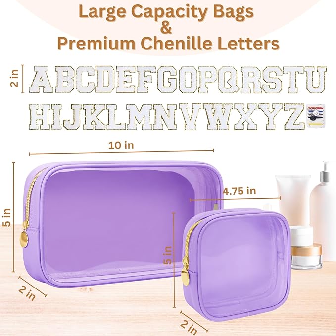 GODEAGLE 2PCS Personalized Makeup Bag Set, 2PCS Toiletry Bag & 26 Chenille Letters, Clear Makeup Pouch, Preppy Stuff Gifts for Teen Girls (Purple)