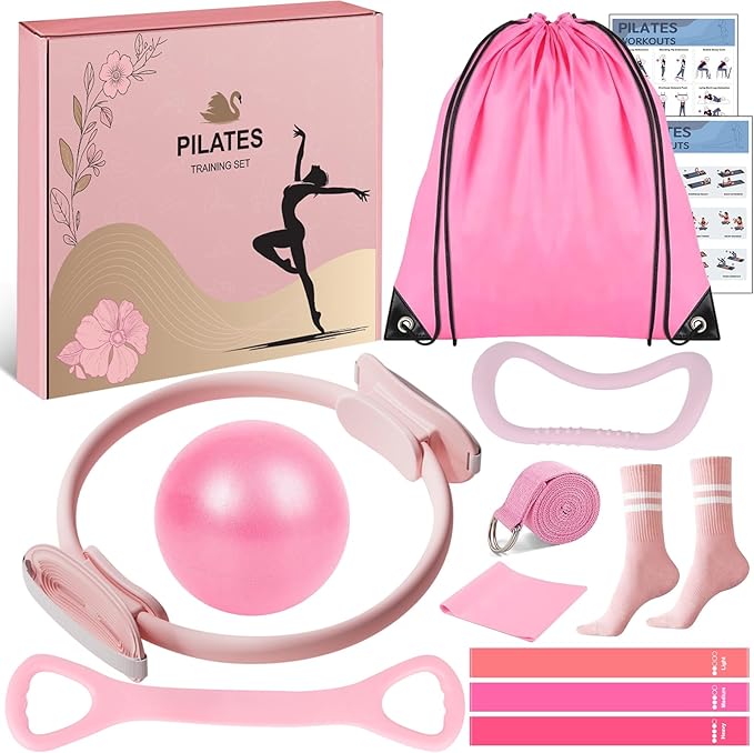 Pilates Equipment Set for Women, Pilates Ring and Ball Set, at Home Pilates Workout Equipment with 15" Magic Circle Ring and Resistance Bands, A Must-Have for Beginners and Seasoned Yogis