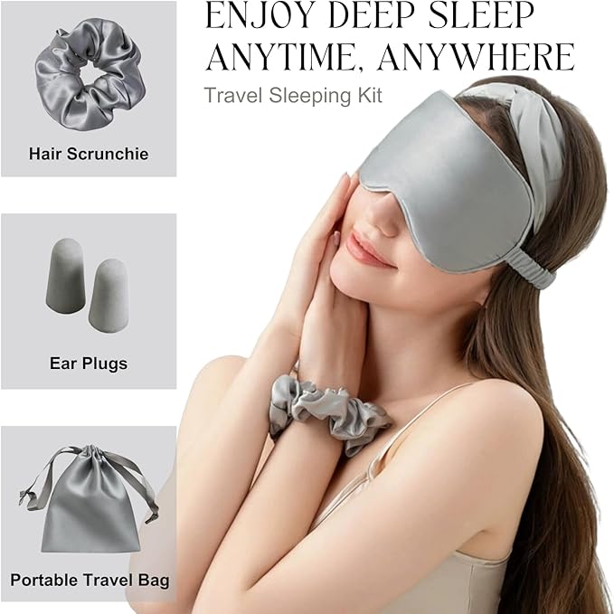 LCBD Silk Satin Sleeping Eye Mask, Silvergrey Sleep Eye Mask Night Blindfold for Women and Men, Soft Breathable Blackout Eyeshade Eye Cover for Travel, Wedding Bridesmaid Gift