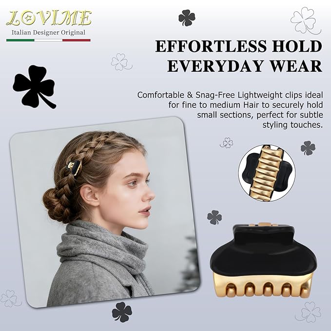 1.2" Mini Claw Clips for Women Girls - Minimalist Double-Layer 18K Gold Painted Hair Clips for Thin Short Hair, Small Non-Slip Luxury Hair Accessories for Daily Face Wash & Makeup,Black