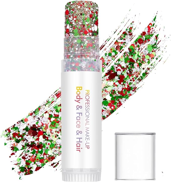 Red White and Green Face Glitter,Sparkling Neon Outfit Party Holographic Sequins Paint Mardi Gras Accessories Body and Hair Glitter Gel Makeup.