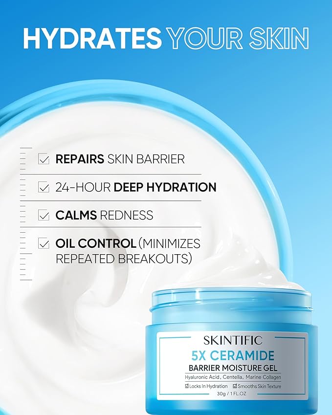 SKINTIFIC Face Moisturizer with 5X Ceramides, Hydrating Moisture Barrier Repair Cream for Oil/Dry Skin Types, Hyaluronic Acid & Centella, Daily Facial Moisturizer, Non-Comedogenic 30 g / 1 fl. oz.