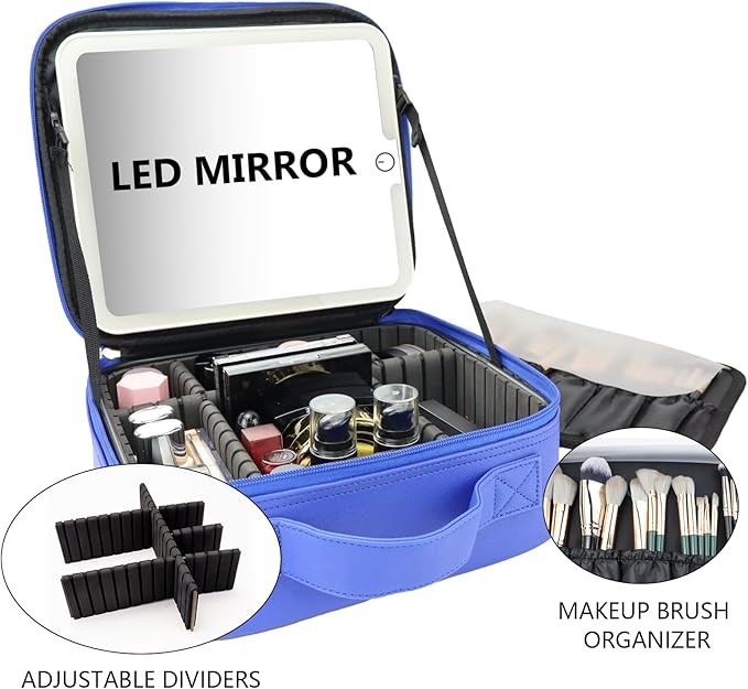 SLUMAZI Travel Makeup Bag with LED Mirror Travel Makeup Organizer with 3 Lighted Settings, Adjustable Dividers and Makeup Brush Storage Bag Dark Blue