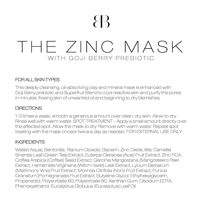 Biba De Sousa The Zinc Mask with Goji Berry Prebiotic - Gentle Pore Purifying Facial Mask - For all Skin Types & Tones - Microbiome Support - Superfruit Blend (2oz)