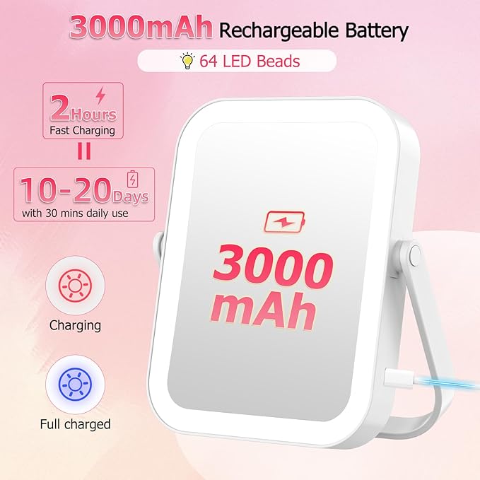 FUNTOUCH 30X/1X Travel Makeup Mirror with Lights, 3000mAh Rechargeable 2-Sided Magnifying Mirror, Portable Vanity Mirror, 3-Color Lighting Dimmable Touch Screen, for Women Gift, White