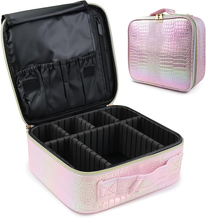 SLUMAZI Travel Makeup Bag Makeup Cosmetic Train Case Organizer Portable Storage Bag with Adjustable Dividers for Cosmetics Makeup Brushes Toiletry Jewelry Colored Crocodile Pattern