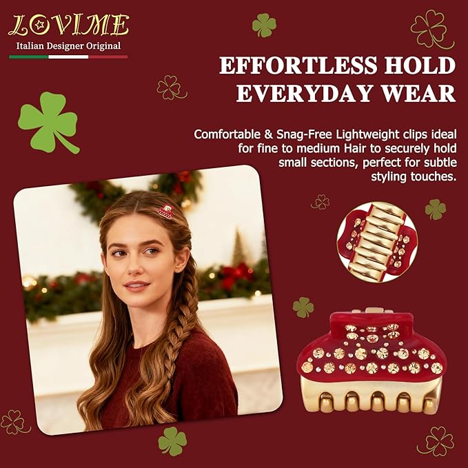 1.2" Mini Clover Claw Clips for Girls Kids - 18K Gold Plated Small Red Hair Clips for Side Bangs & Braids, Rhinestone Hair Accessories for Fine Hair, Cute Birthday Gift for Daughter