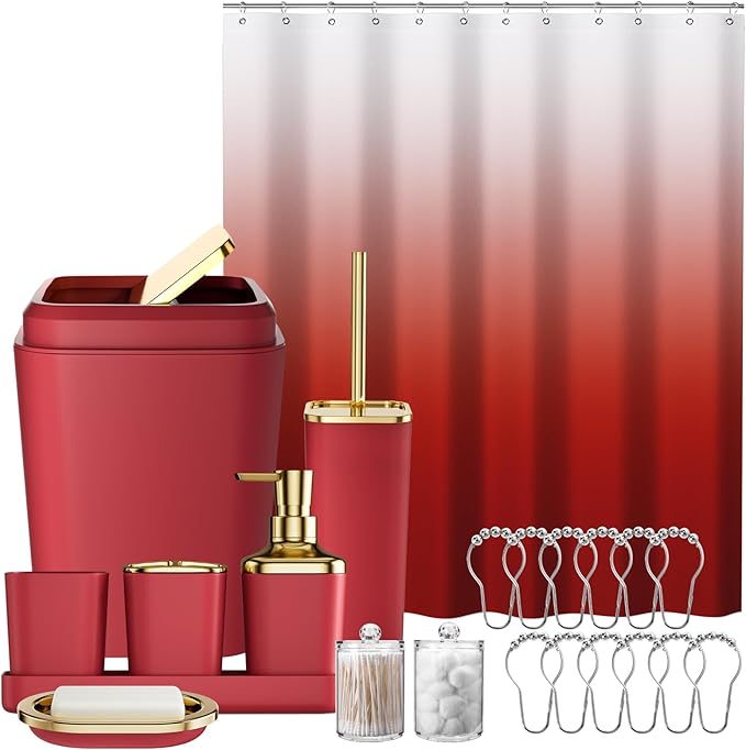 XLHOMO Bathroom Set – Burgundy Bathroom Accessories with Ombre Shower Curtain, Bathroom Accessories Set with Trash Can Soap Dispenser Soap Dish for Home