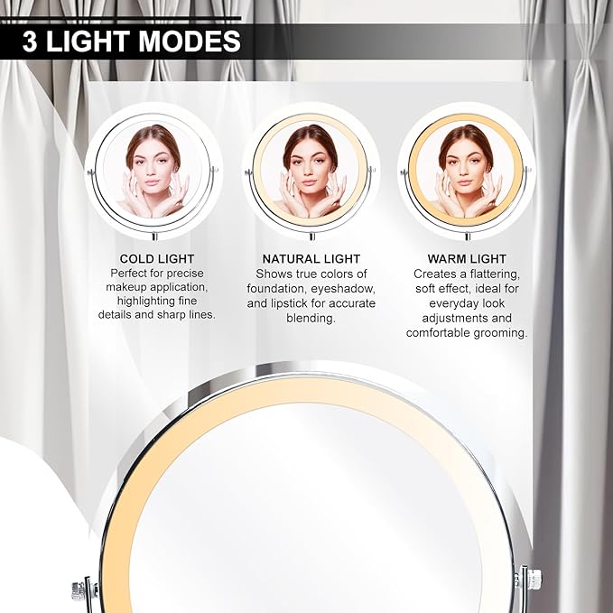 DANOPLUS Makeup Mirror with Lights, 9" Large Magnifying Mirror with 1X/10X, 360°Rotation Vanity Mirror, 3 Color Brightness Adjustable Light Up 5000mAh Rechargeable, Double-Sided, Gift for Women