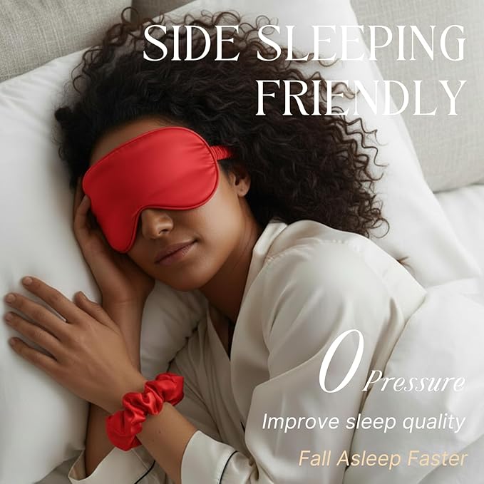LCBD Silk Satin Sleeping Eye Mask, Red Sleep Eye Night Blindfold for Women and Men, Soft Breathable Blackout Eyeshade Eye Cover for Travel, Wedding Bridesmaid Gift