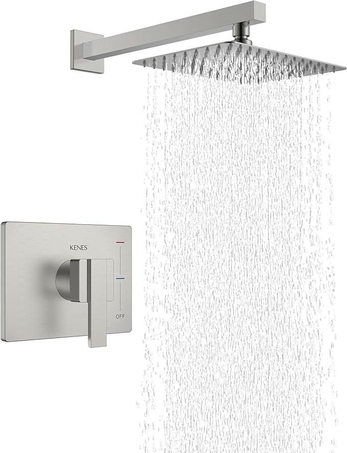 KENES Brushed Nickel 10-Inch Shower Head and Handle Set, Square Shower Faucet Set Bathroom Rainfall Shower System Wall Mount, KE-6024B (Shower Valve Included)