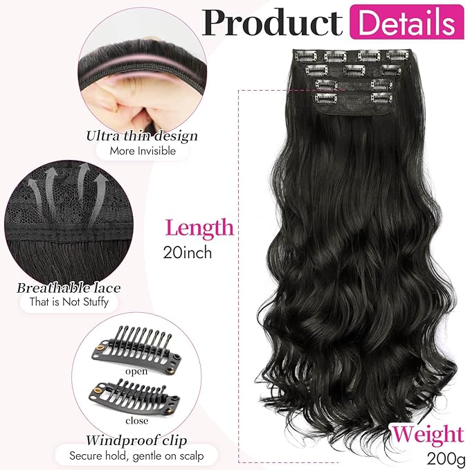 KooKaStyle Clip In Hair Extensions, Natural Long Layered Soft Invisible Synthetic Curly Wavy Hairpieces for Women, 4 pcs (20 Inch, Natural Black)