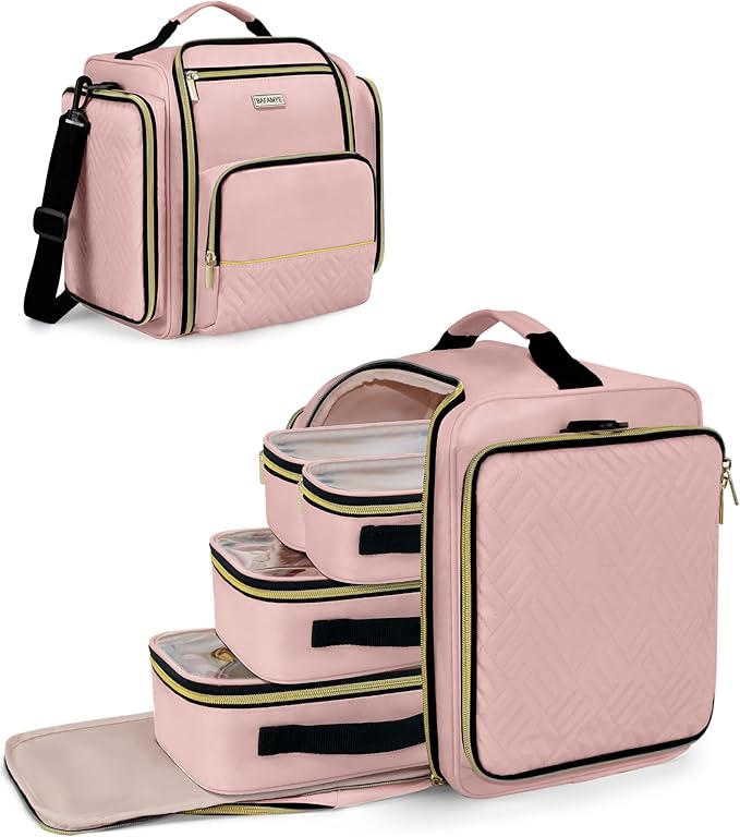 BAFAMYE Large Travel Makeup Bag - Cosmetic Organizer with 4 Removable Inner Pockets, Multi-functional Toiletry Bag for Accessories & Brushes, Women's Beauty Case, Pink
