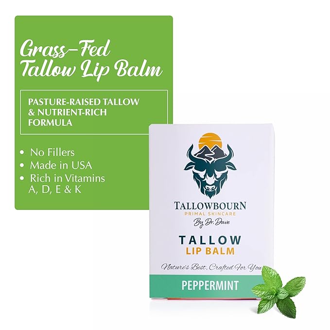Tallowbourn Moisturizing Tallow Lip Balm – Grass-Fed Beef Tallow with Organic Coconut Oil, Beeswax, and Vitamin E – Peppermint – Lip Balm Set – Travel Essential – 3-Pack