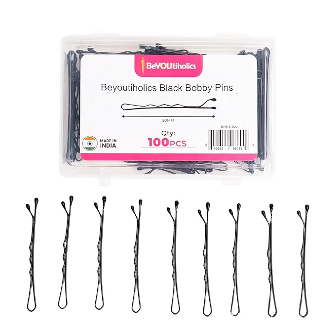 Set of 100 premium Bobby pins 50mm, secure hold and invisible wave hair grip perfect for women, girls, and hairdressers. clear storage box suitable for all hair types (Black)