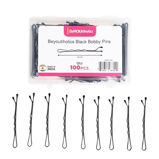 Set of 100 premium Bobby pins 50mm, secure hold and invisible wave hair grip perfect for women, girls, and hairdressers. clear storage box suitable for all hair types (Black)