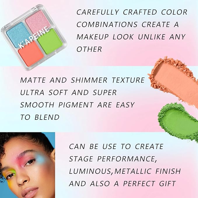 K'APEINE Matte Eyeshadow Palette, 4Colors Eyeshadow Makeup Kit Candy Color Eye Shadow Palette Highly Pigmented Long-Lasting Eyeshadows Quad for Women Girls Party,Music Festival, Stage Performance