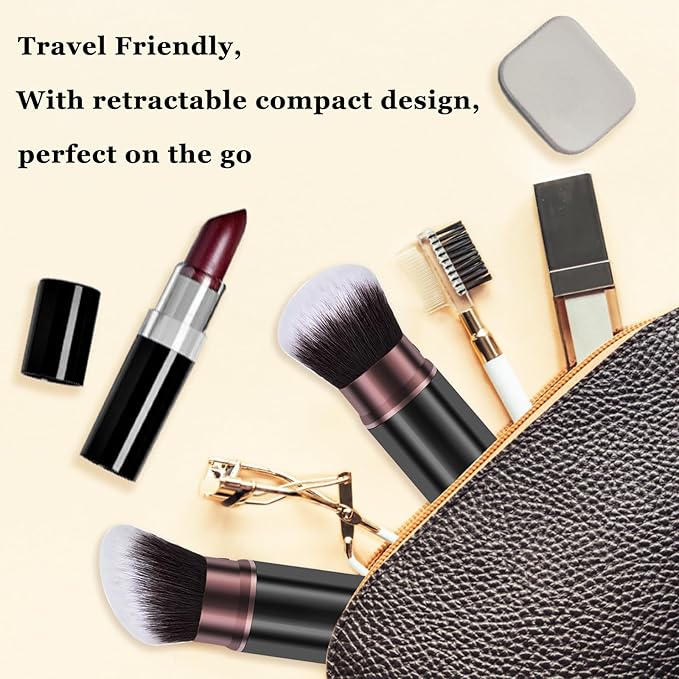 Keriloo Retractable Kabuki Makeup Brush, 2 Pack Travel Powder Foundation Makeup Brush Face Blush Brushes for Blending Liquid, Blush, Bronzer, Buffing, Sunscreen,Flawless Cosmetics