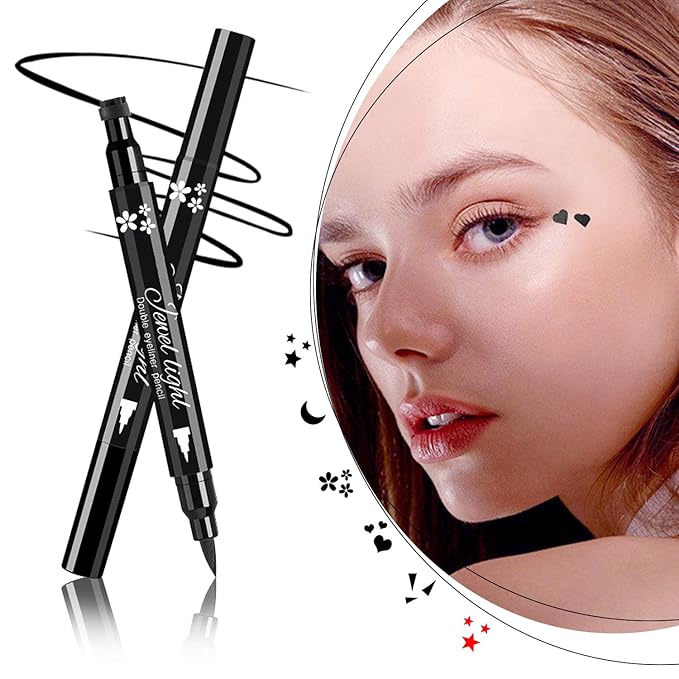 Pinkiou 6Pcs Eyeliner Stamp Pen Set, Long-lasting Eye Liner Pencil for Eye Makeup,Waterproof Double-Sided Liquid Eyeliner Stamp Pen Set for Beginners,Black&Red Heart, Star, Plum,Triangle and Moon